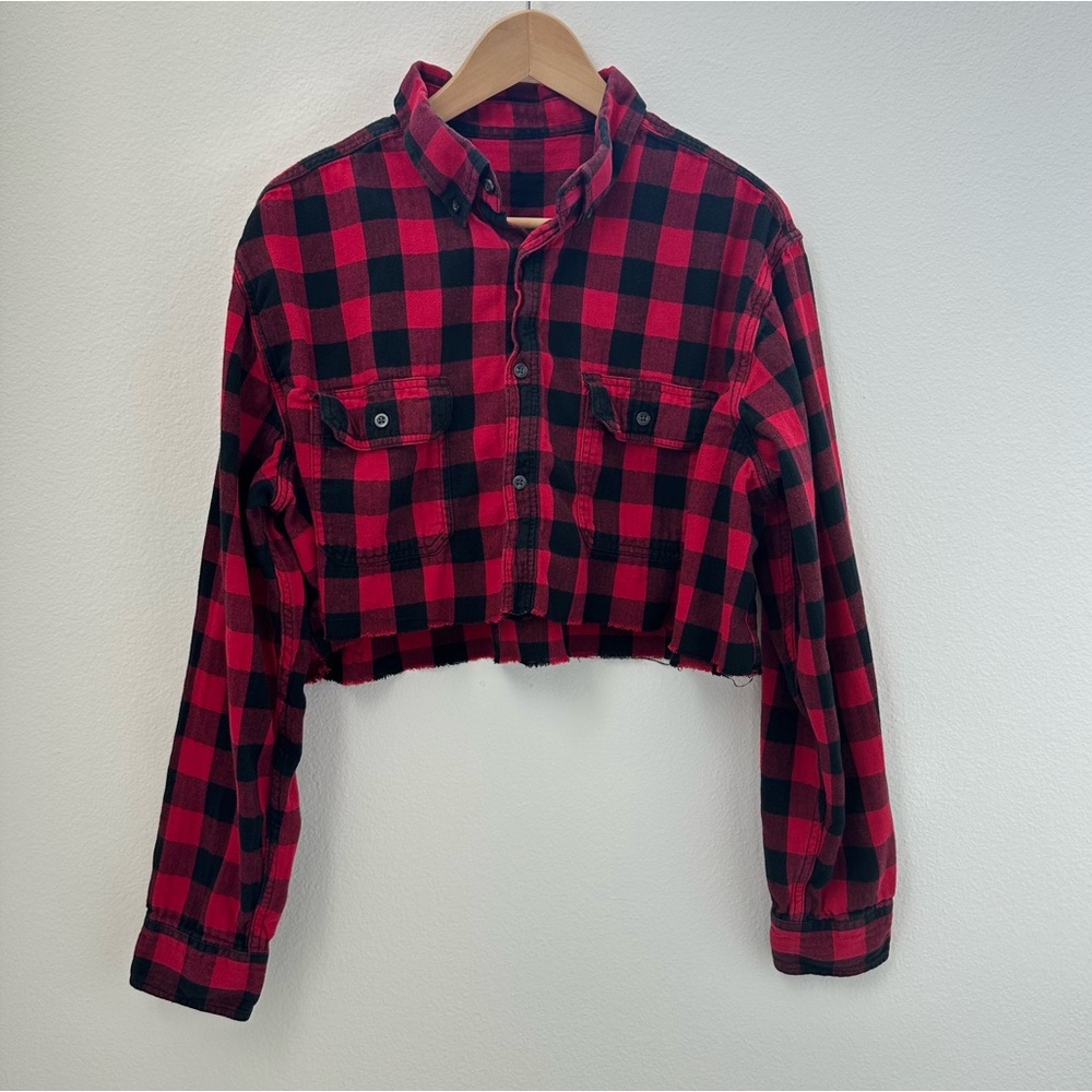 Flannel Plaid Red & Black long sleeve cropped button down Shirt
